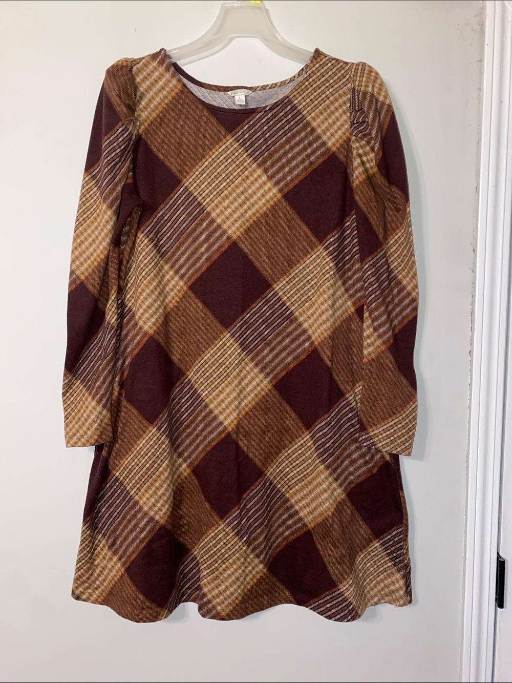 Cato Brown & Cream Plaid Long-Sleeve A-Line Dress